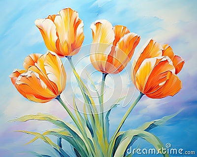 The abstract tulips flowers oil pnting with the blue sky. Cartoon Illustration