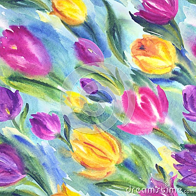 Abstract tulips seamless pattern, watercolor Cartoon Illustration