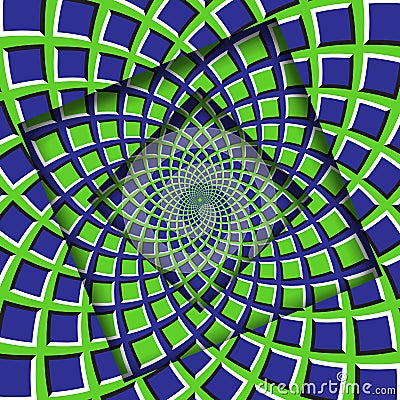 Abstract turned frames with a rotating green blue squares pattern. Optical illusion background Vector Illustration