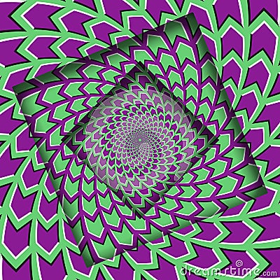 Abstract turned frames with a rotating green purple arrows pattern. Optical illusion background Vector Illustration