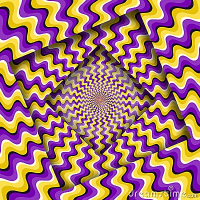 Abstract turned frames with a rotating purple yellow wavy pattern. Optical illusion background Vector Illustration