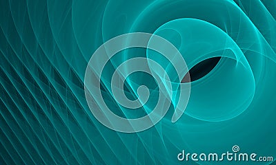 Abstract turquoise 3d shape of multilayered translucent vortex of smoky spirals in deep dark space. Stock Photo