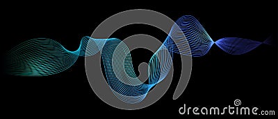 Abstract turquoise green and blue gradient flowing wave lines on black background. Particle lines design element banner for Vector Illustration