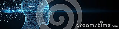 Abstract Turquoise Wireframe Head, Binary Code Data Flow, Dark Blue Background, AI Concept Stock Photo