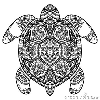 Abstract turtle. Carved turtle. Stylized fantasy patterned turtle. Hand drawn Vector Illustration