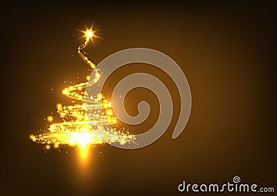 Abstract Twinkling and Golden Glowing Fir Tree on Dark Brown Vector Illustration