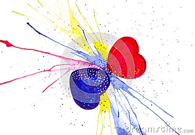 Abstract two hearts watercolor illustration on Valentine`s Day. Isolated on white background Cartoon Illustration