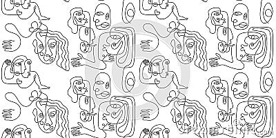 Abstract ugly face line art seamless pattern. One line drawing with contour hand drawn vector illustration, ready for print and Vector Illustration