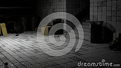 Abstract underground bunker with stones falling down the stairs. Design. Scary dark underground building interior with Stock Photo