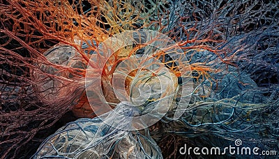 Abstract underwater chaos colorful fish in a twisted commercial netting generated by AI Stock Photo