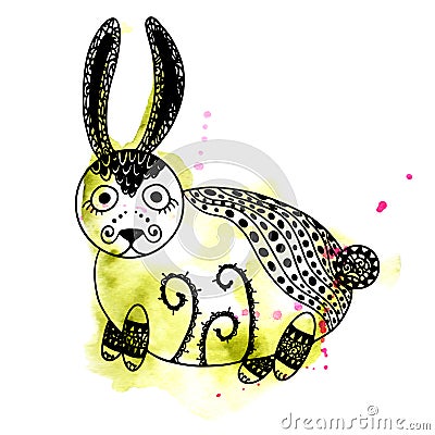 Abstract unusual cute bunny magic forest watercolor blots and splashes black line art silhouette Stock Photo