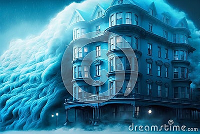 Abstract urban scene, visual effect of a house disappearing in fog or mist, fantasy cityscape background Stock Photo