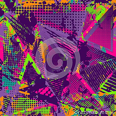 Abstract urban seamless pattern. Grunge texture background. Scuffed drop sprays, triangles, dots, neon spray paint Vector Illustration