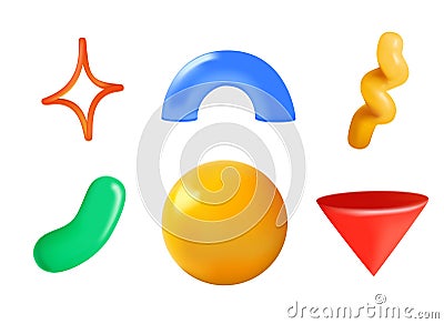 Abstract various bright 3D doodle shapes and objects. Different figures. 3D style Vector shapes. Background, wallpaper Vector Illustration
