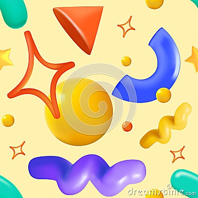 Abstract various bright 3D doodle shapes and objects. Different figures. 3D Vector seamless Pattern. Background 3D Vector Illustration