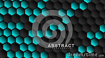 abstract vector background. Geometric black hexagonal. Surface polygon pattern with blue hexagon, honeycomb. 3D design Vector Illustration