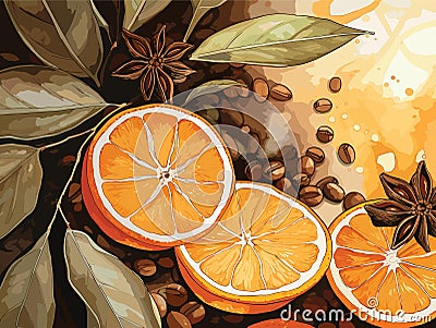 Abstract vector background in watercolor style with coffee, anise stars, orange and leaves Vector Illustration
