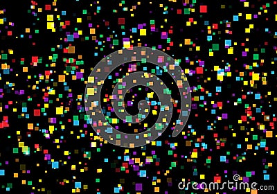 Abstract vector black background with many tiny confetti pieces. Colorful sguare randomly distributed. Party or festival backdrop Vector Illustration