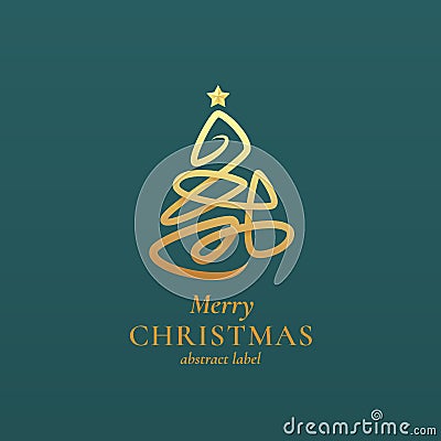 Abstract Vector Christmas Tree Sign, Emblem or Logo Template. Golden Maze Shape with Star and Retro Typography. Premium Vector Illustration