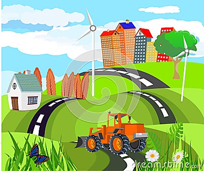 Abstract vector city. Countryside Road in green hills, tractor, Vector art Vector Illustration