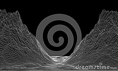 Abstract vector cyberspace background.Mountain landscape grid illustration. 3d technology wireframe vector. Digital mesh Vector Illustration