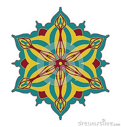 Abstract vector design element, flower shape symmetrical pattern in pretty red blue and yellow color combination Vector Illustration