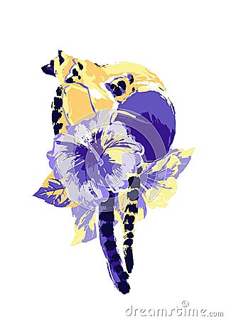 Abstract vector design of three wild lemurs sitting on the hibiscus flowers Vector Illustration