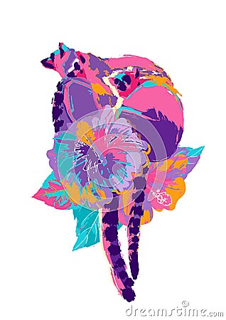 Abstract vector design of three wild lemurs sitting on the hibiscus flowers Vector Illustration