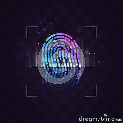 Abstract vector fingerprint recognition system illustration on dark background with light effects. Finger print processing EPS10 Cartoon Illustration