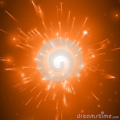 Abstract vector fireworks explosion red background with shining sparks. New Year celebration fireworks. Burst of glowing Vector Illustration