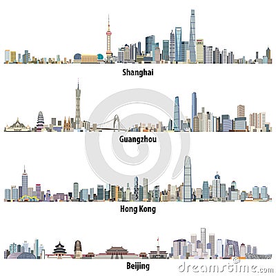 Abstract vector high detailed illustrations of Shanghai, Hong Kong, Guangzhou and Beijing skylines Vector Illustration