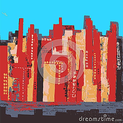 Abstract Vector Illustration City Urban Building Skyline Pattern Red and Blue Handdrawn Stock Photo