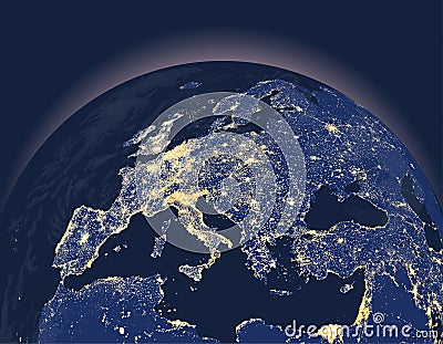 Abstract vector illustration of Earth city lights globe with close up of Europe continent Vector Illustration