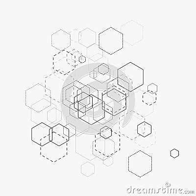 Abstract vector illustration with hexagons and lines on white background. Hexagon infographic. Digital technology, science concept Vector Illustration