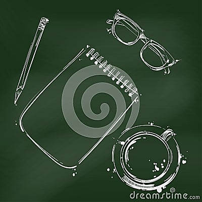 Abstract vector illustration with a notebook, pencil, glasses and a cup of coffee Vector Illustration