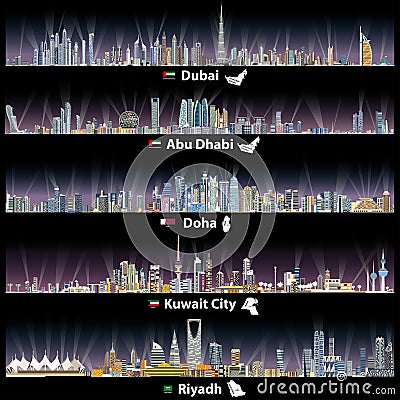 Abstract vector illustrations of Dubai, Abu Dhabi, Doha, Riyadh and Kuwait city skylines at night Vector Illustration