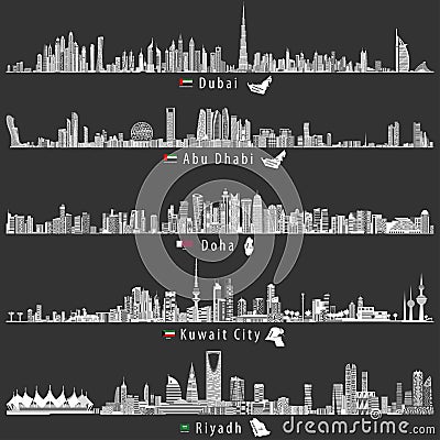 Abstract vector illustrations of Dubai, Abu Dhabi, Doha, Riyadh and Kuwait city skylines at night in grey scales color palette Vector Illustration