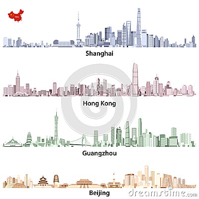 Abstract vector illustrations of Shanghai, Hong Kong, Guangzhou and Beijing skylines with China map Vector Illustration