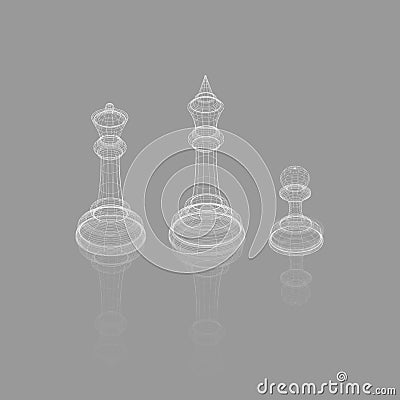 Abstract vector image of chess pieces king, queen and pawn. 3d frame illustration. Chess game concept. Polygonal art. Vector Illustration