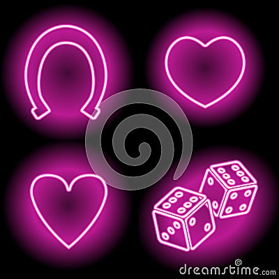 Abstract vector pattern with neon glowing hearts, horseshoe and dice Stock Photo