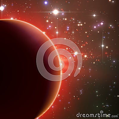 Abstract vector red background with planet and eclipse of its star. Bright star light shine from the edge of a planet. Vector Illustration