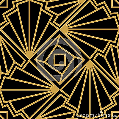 Abstract vector seamless Art Deco pattern with stylized shell. Golden ornament on black background Vector Illustration