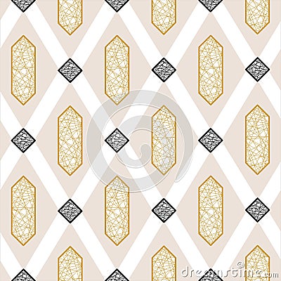 Abstract Vector Seamless Geometric Pattern Of Wide Intersecting Diagonal Lines, Black Rhombuses, Beige Rhombuses Stock Photo