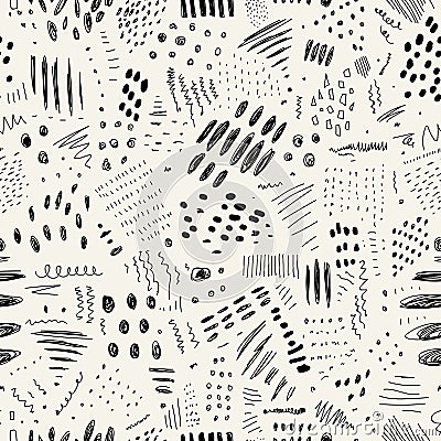 Abstract monochrome seamless pattern with lines, spots and dots. Vector texture on a white background Vector Illustration