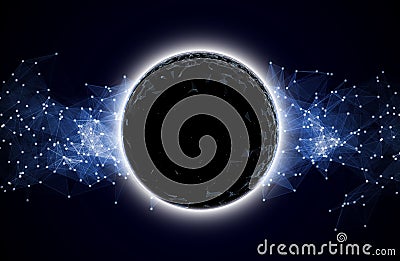 Abstract vector sphere on black background. Big Data. Digital background with dots and line. Intelligence artificial Cartoon Illustration