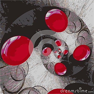 Red circles are twisted in a spiral on a gray spotted background. Cartoon Illustration