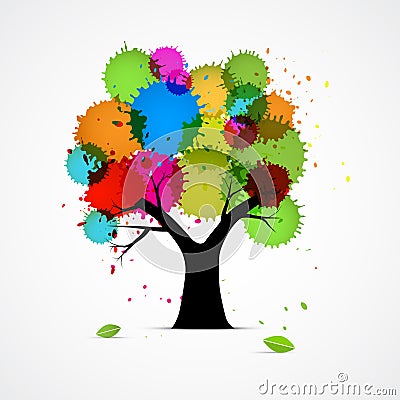 Abstract Vector Tree With Colorful Blobs, Splashes Vector Illustration