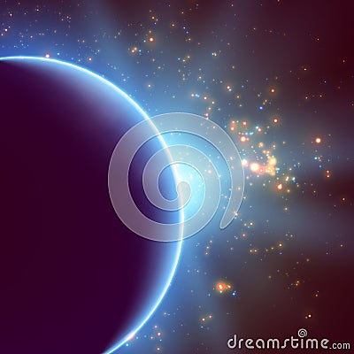 Abstract vector violet background with planet and eclipse of its star. Bright star light shine from the edge of a planet Vector Illustration