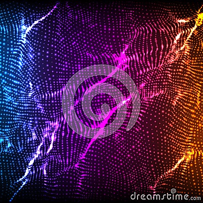 Abstract vector violet wave mesh background. Point cloud array. Chaotic light waves. Technological cyberspace background Vector Illustration