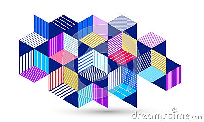 Abstract vector wallpaper with 3D isometric cubes blocks, geometric construction with blocks shapes and forms, cubic polygonal low Vector Illustration